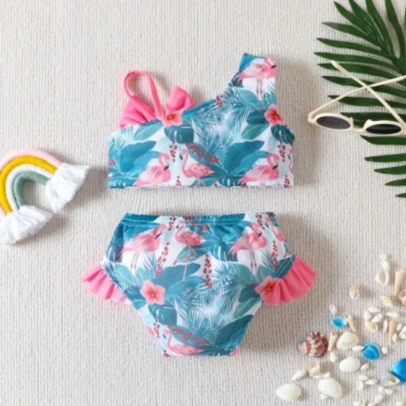 Baby Girls Swimsuit Bikini, Flamingos & Palm Leaves. 2 Sizes available 1-2 & 3-4 - Picture 2 of 5